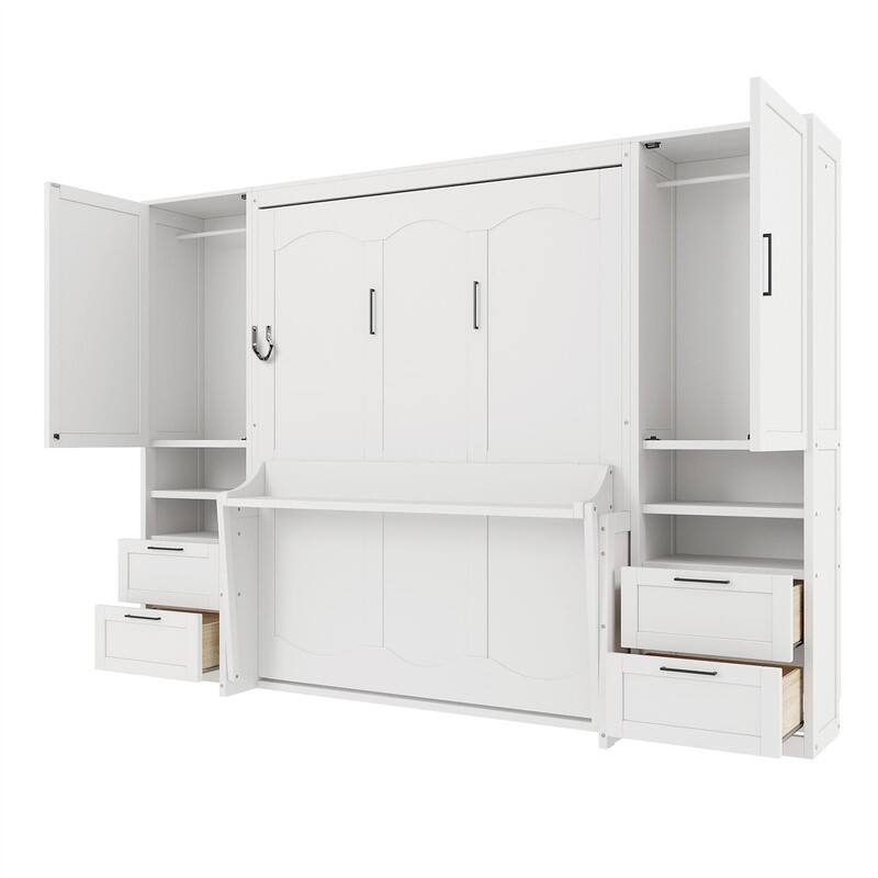 Queen Size Murphy Bed Wall Bed with 2 Wardrobes and 4 Storage Drawers, Foldable Murphy Cabinet Bed w/Open Storage Shelves& Stool