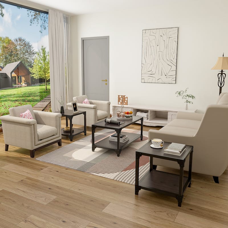 Davee 3 Pieces Wood and Metal Coffee Table Set with Shelf - 40''x20''x18'' & 20''x20''x20'' &20''x20''x20''