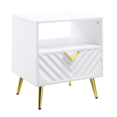 End Table with 1 Storage Drawer and Metal Legs, White High Gloss