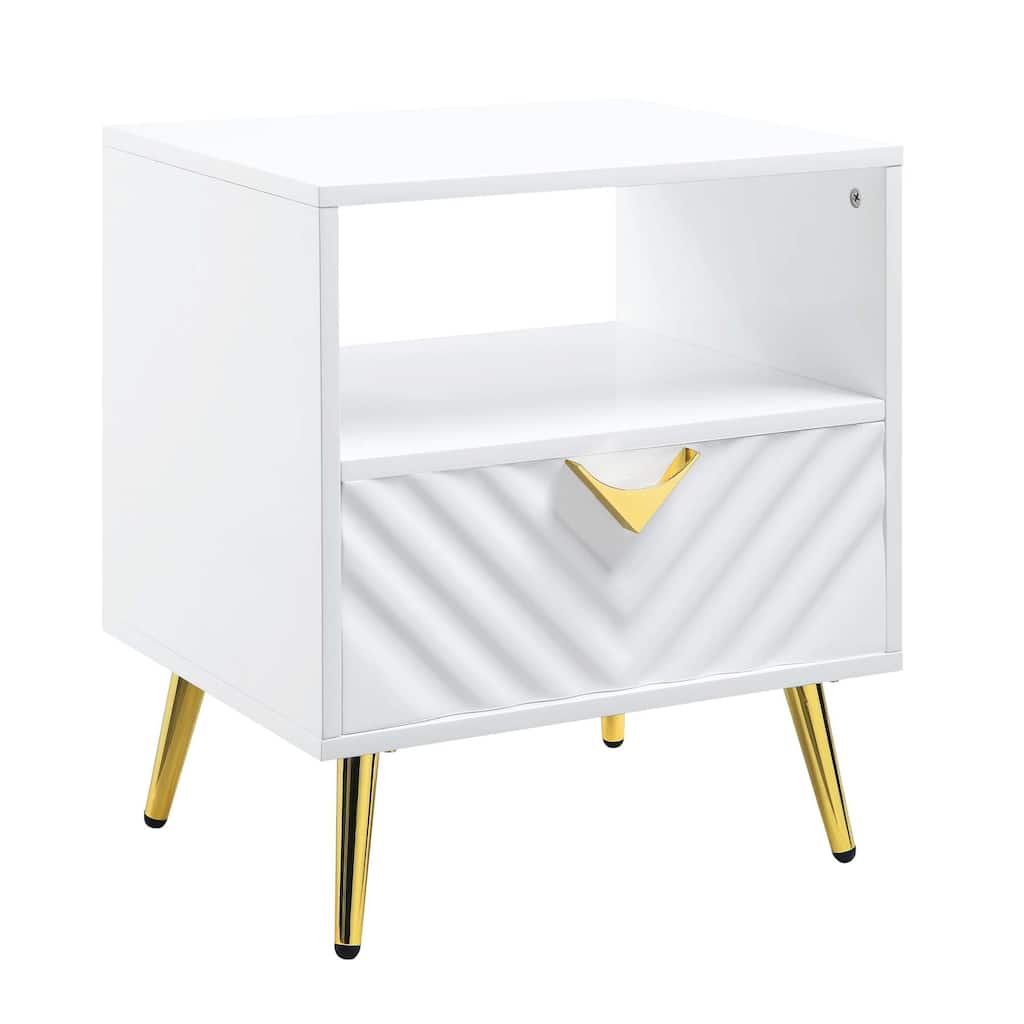 End Table with 1 Storage Drawer and Metal Legs, White High Gloss