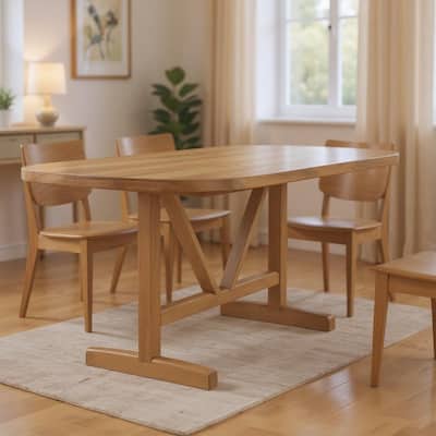 HomeRoots 84" Light Brown Solid Wood Trestle Base Oval Dining Table - 84.00 in. x 30.00 in. x 42.00 in.