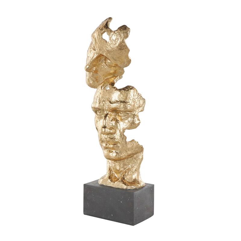 Gold Polystone Stacked Face Cutout Mask Sculpture with Black Block Base