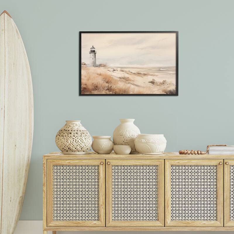 Stupell Distant Lighthouse in Neutral Tones Framed Giclee Art Design By Arlington Prints
