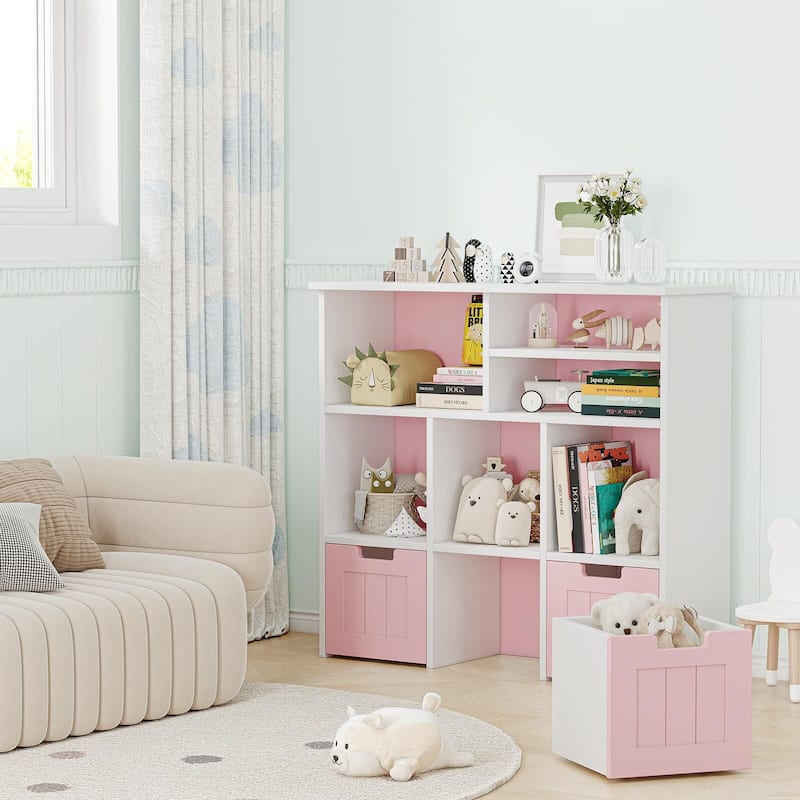 3-Tier Toy Storage Cabinet and Bookcase, Multi Shelf with Cubby Organizer Cabinet