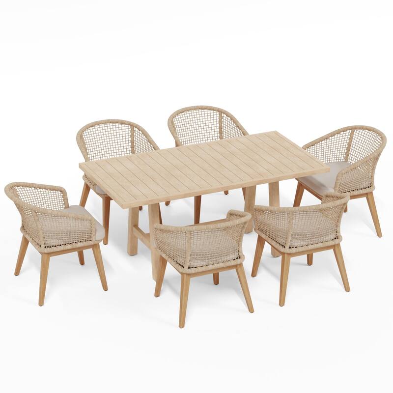 Outdoor 7-Piece Woven Rope Dining Chair and Wood Table Set
