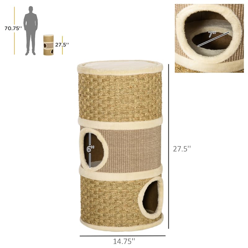PawHut 28 Inch Cat Condo, 3 Story Cat Hideaway with Sisal Scratching Pad, Barrel Shaped Small Cat Tree for Indoor Cats