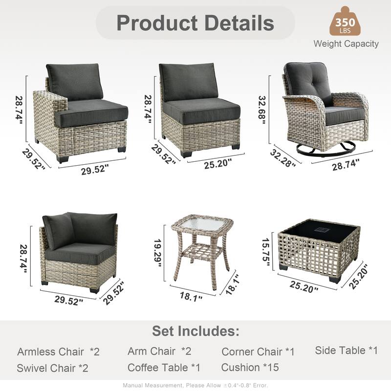 OVIOS 9 Pieces Swivel Chair Set Wide Arm T shaped Seat With Solar-Powered Coffee Table