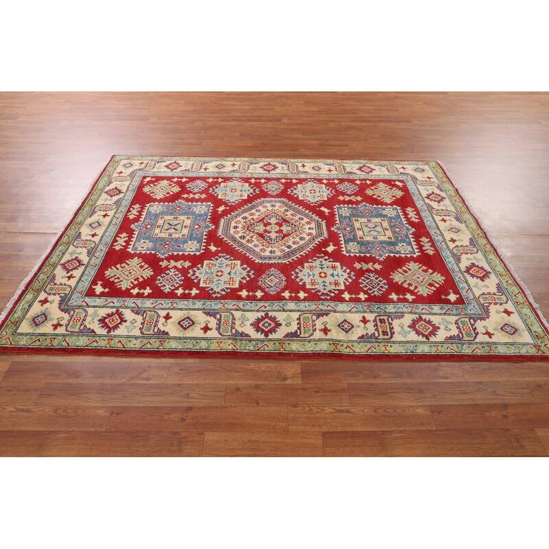 Red Kazak Oriental Area Rug Handmade Geometric Wool Carpet - 5'1" x 6'9"