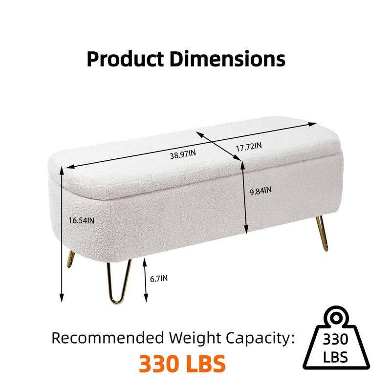 Modern Faux Fur Storage Ottoman Bench with Gold Legs for Living Room, Bedroom, Entryway