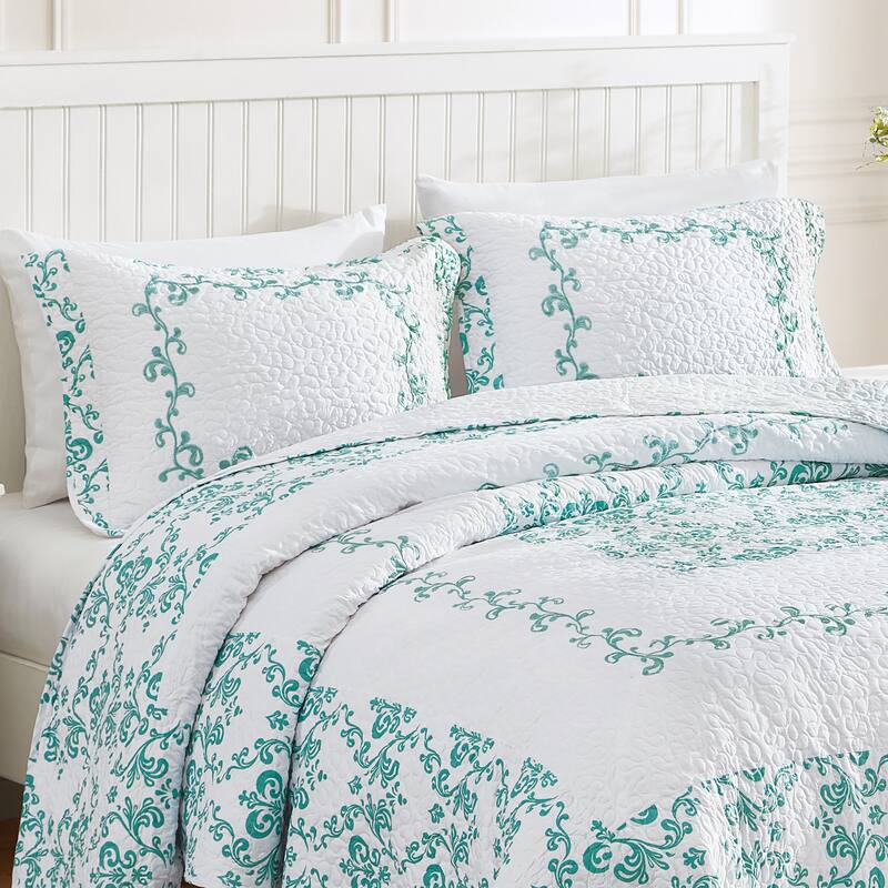 Lovely Damask Embroidered Quilted Pillow Sham - Aqua