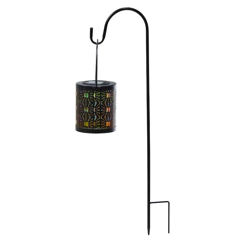 Glitzhome Set of 2 Metal Cutout Laser Outdoor Solar Lantern with Hanging LED Light Garden Stakes
