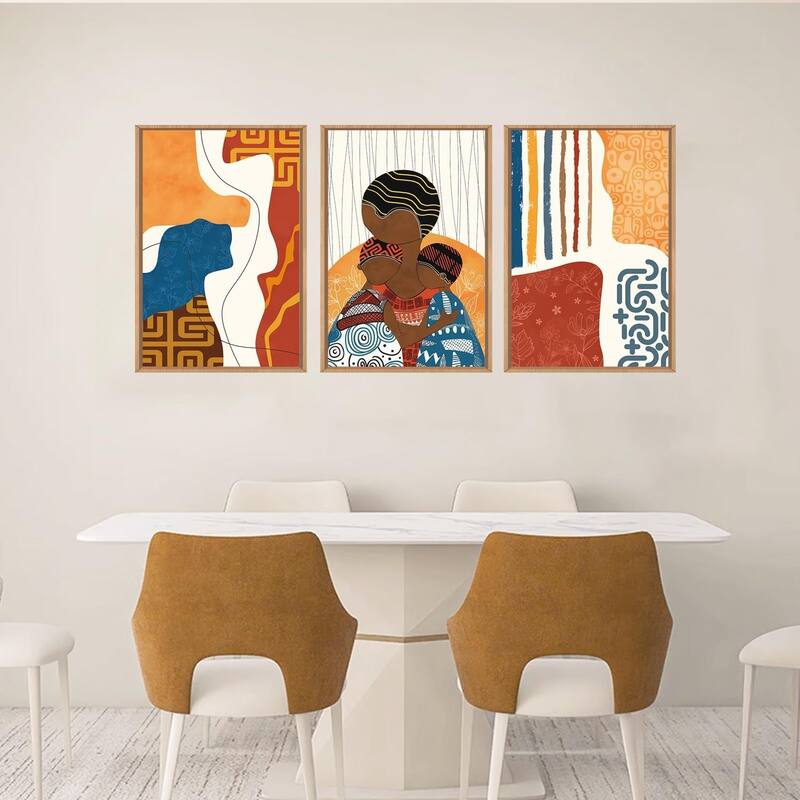 Boho Abstract Black Woman Framed Canvas Wall Art Set