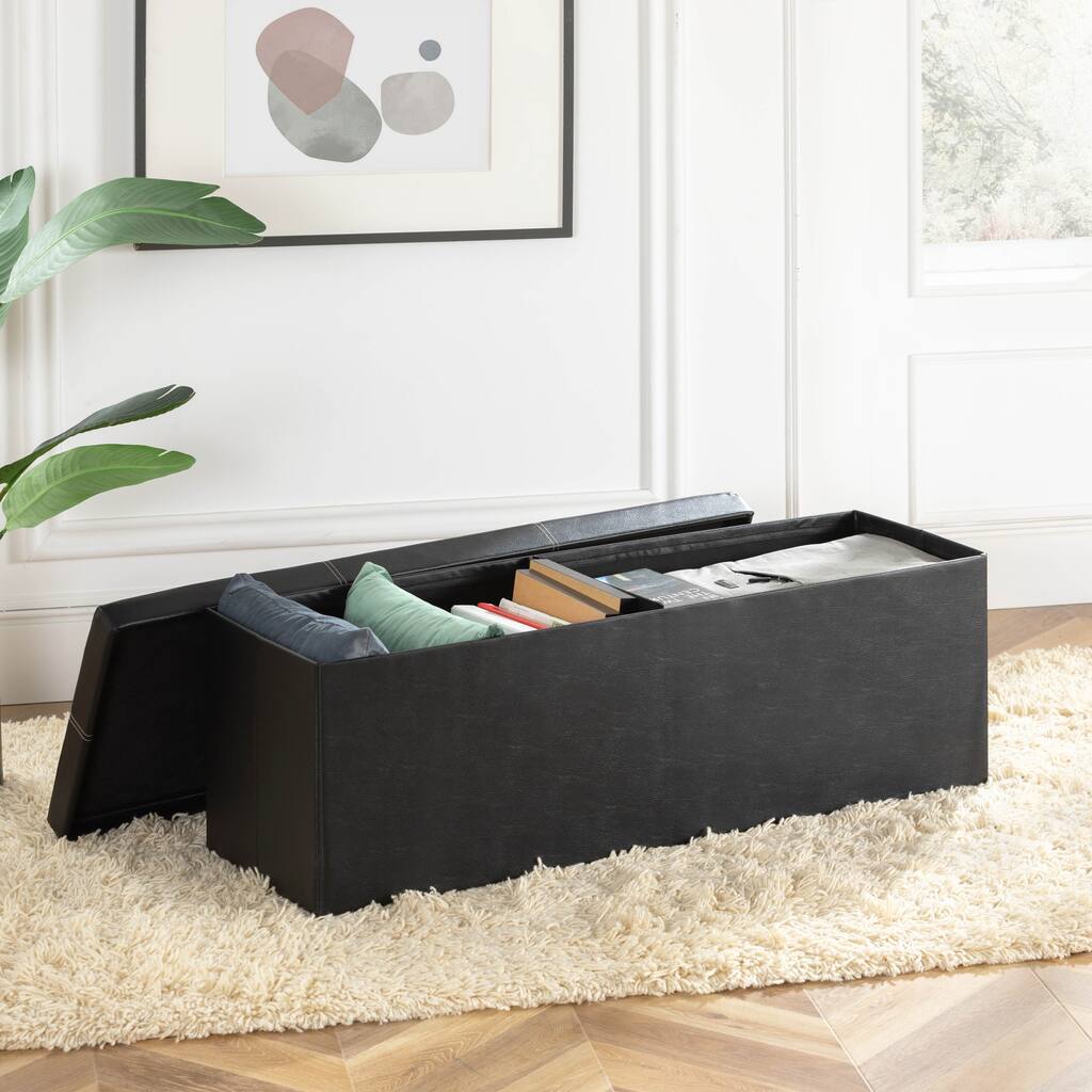 45 Inch Faux Leather Line Design Collapsible Storage Ottoman By Crown Comfort