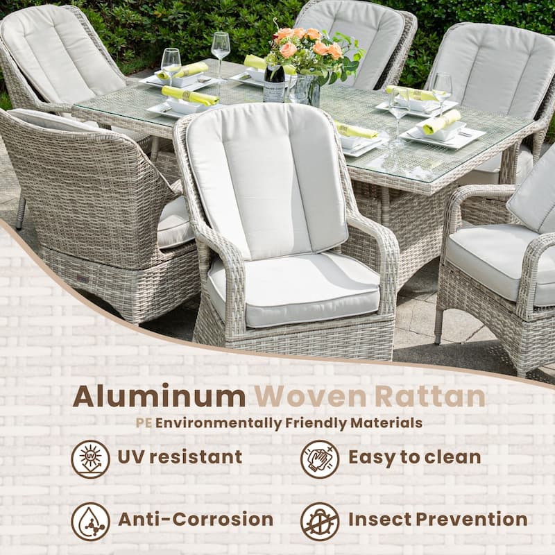 Modern 7-piece Outdoor Rectangular Wicker Aluminum Dining Set with 6 Chairs