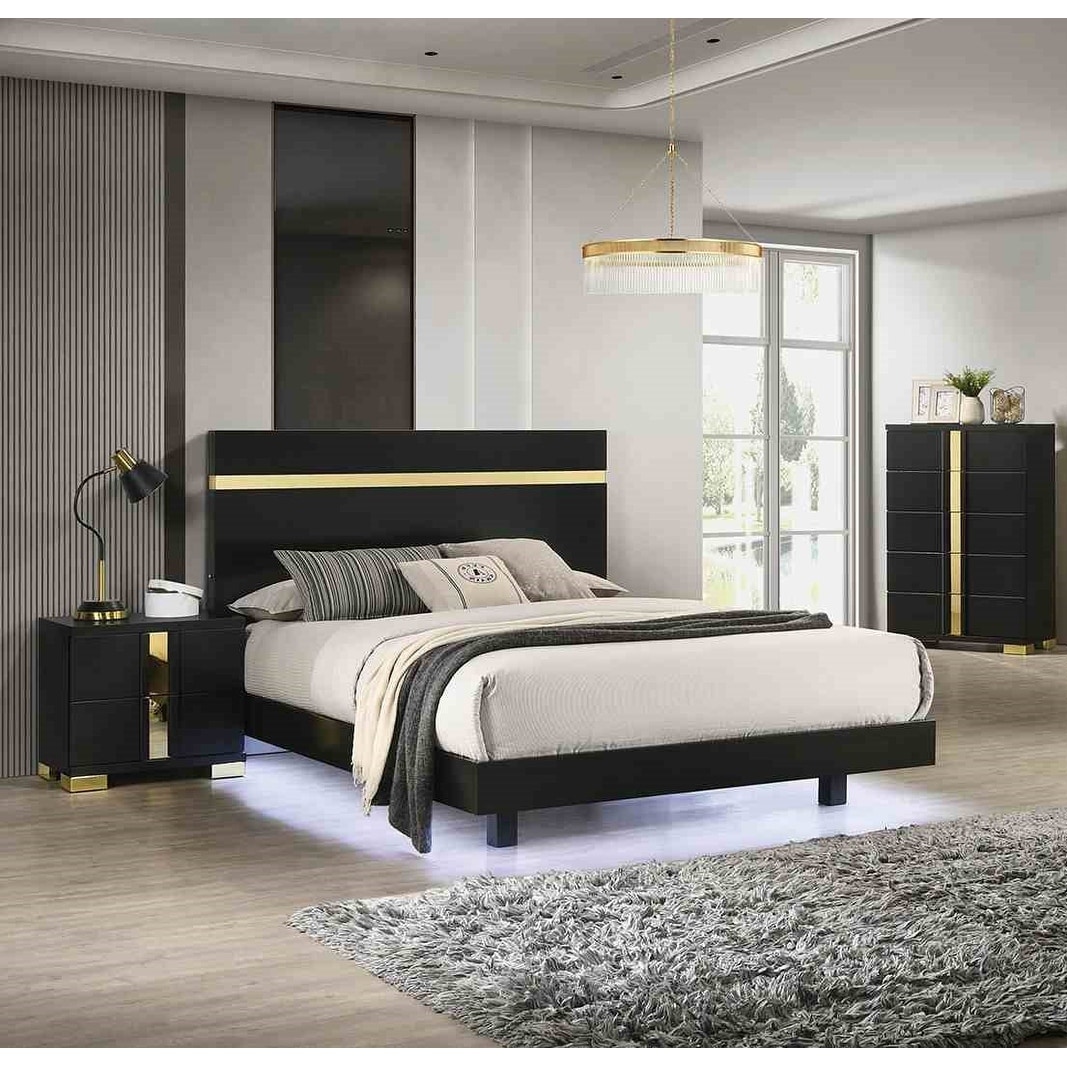 3PC Black Contemporary LED Platform Bedroom Furniture Set