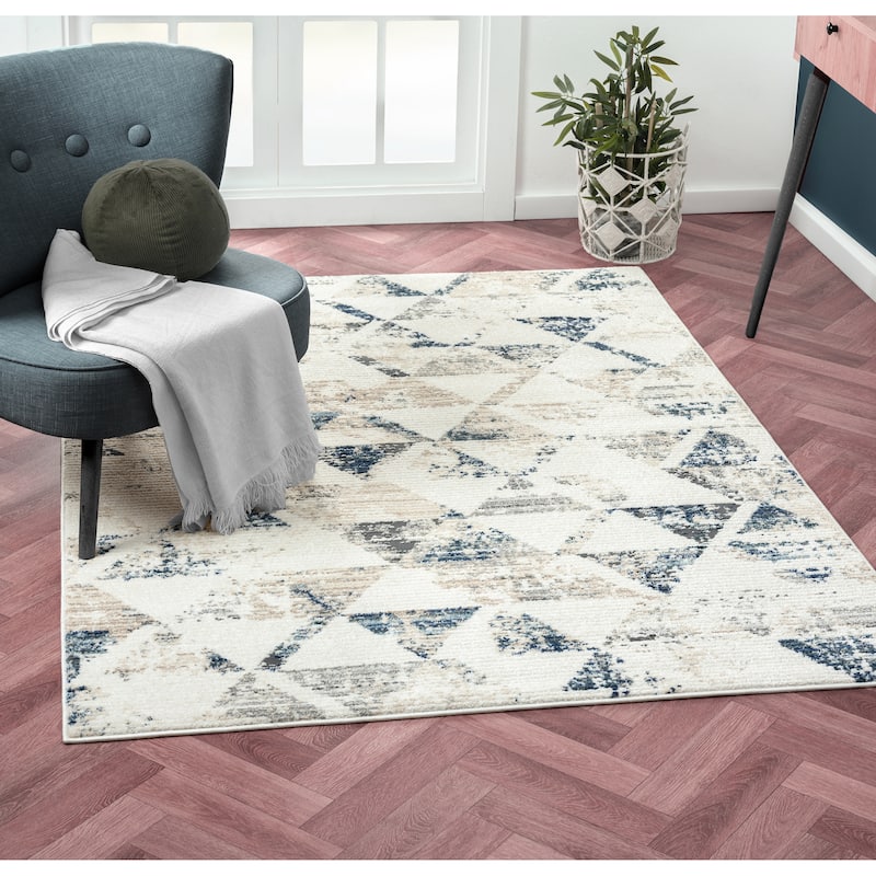 Sevita Contemporary Geometric High-Low Plush Polyester Blend Area Rug, Ivory/ Blue