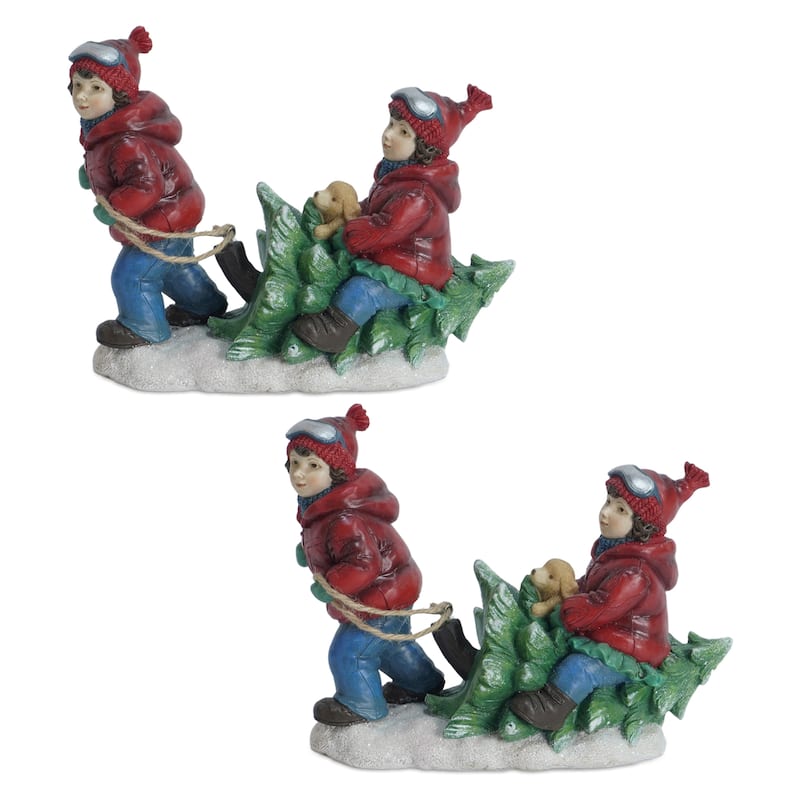 Holiday Children With Tree and Dog Figurine (Set of 2)