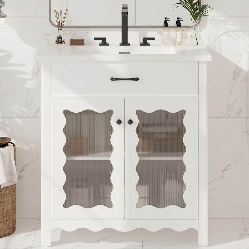 31" Bathroom Vanity with Tempered Glass - Modern Cabinet with Rubber Wood Legs and Soft-Close Doors