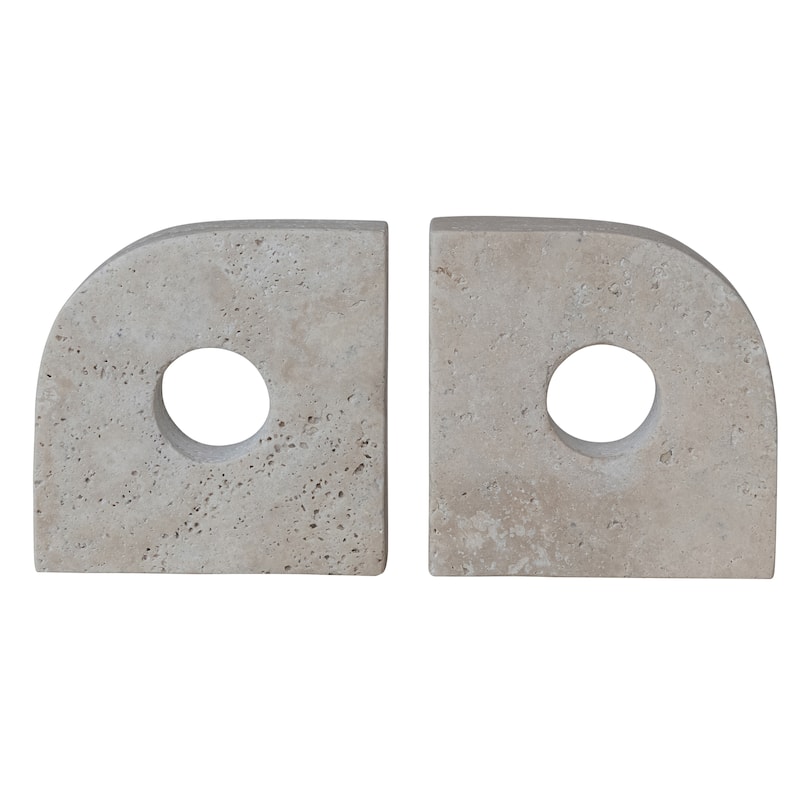Travertine Bookends with Circle Cut-Outs - 5.0"L x 1.5"W x 5.0"H - Beige