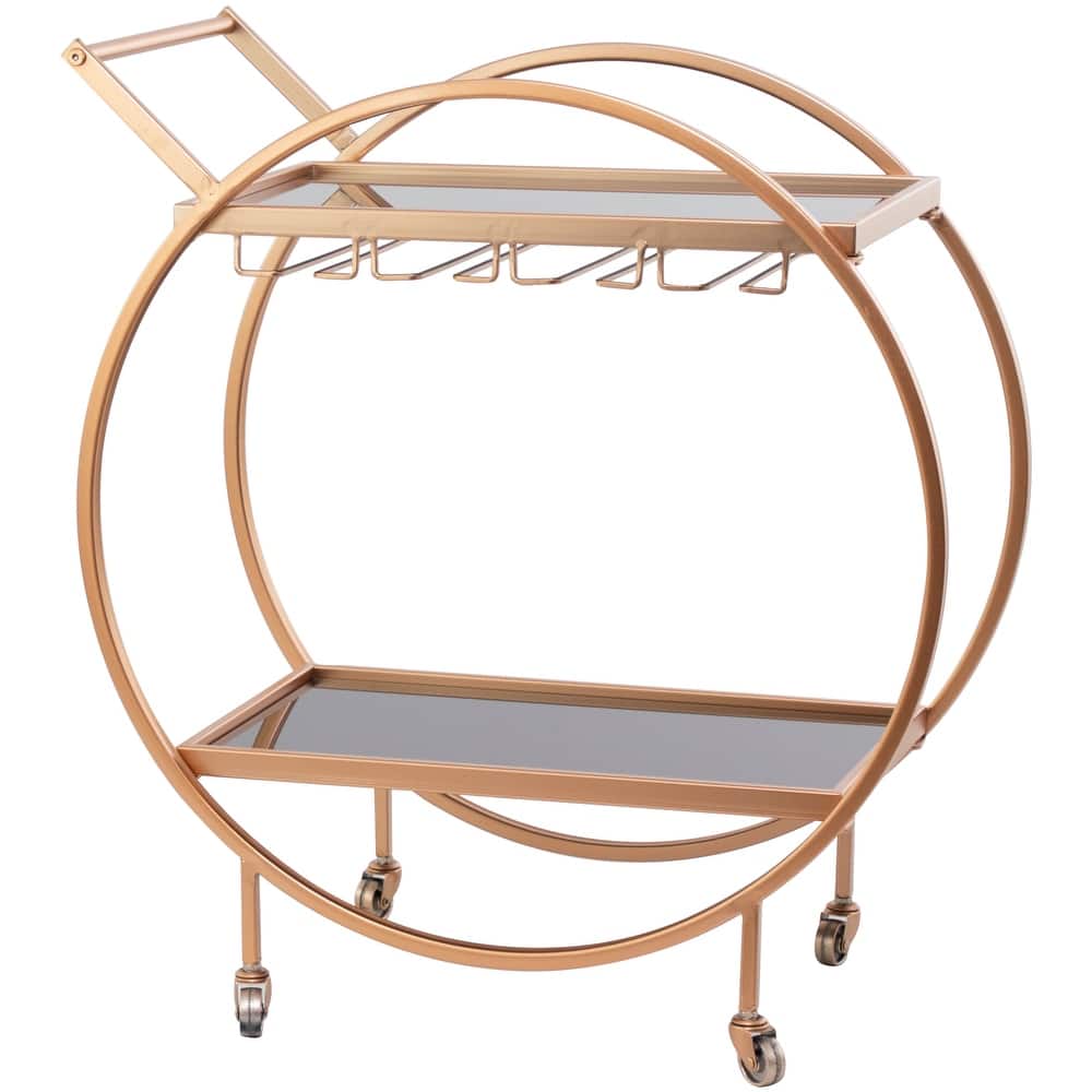 Metal Rolling 2 Mirrored Shelves Bar Cart with Wine Glass Storage and Handle - Rose Gold, Silver or Black - Roche River Decor