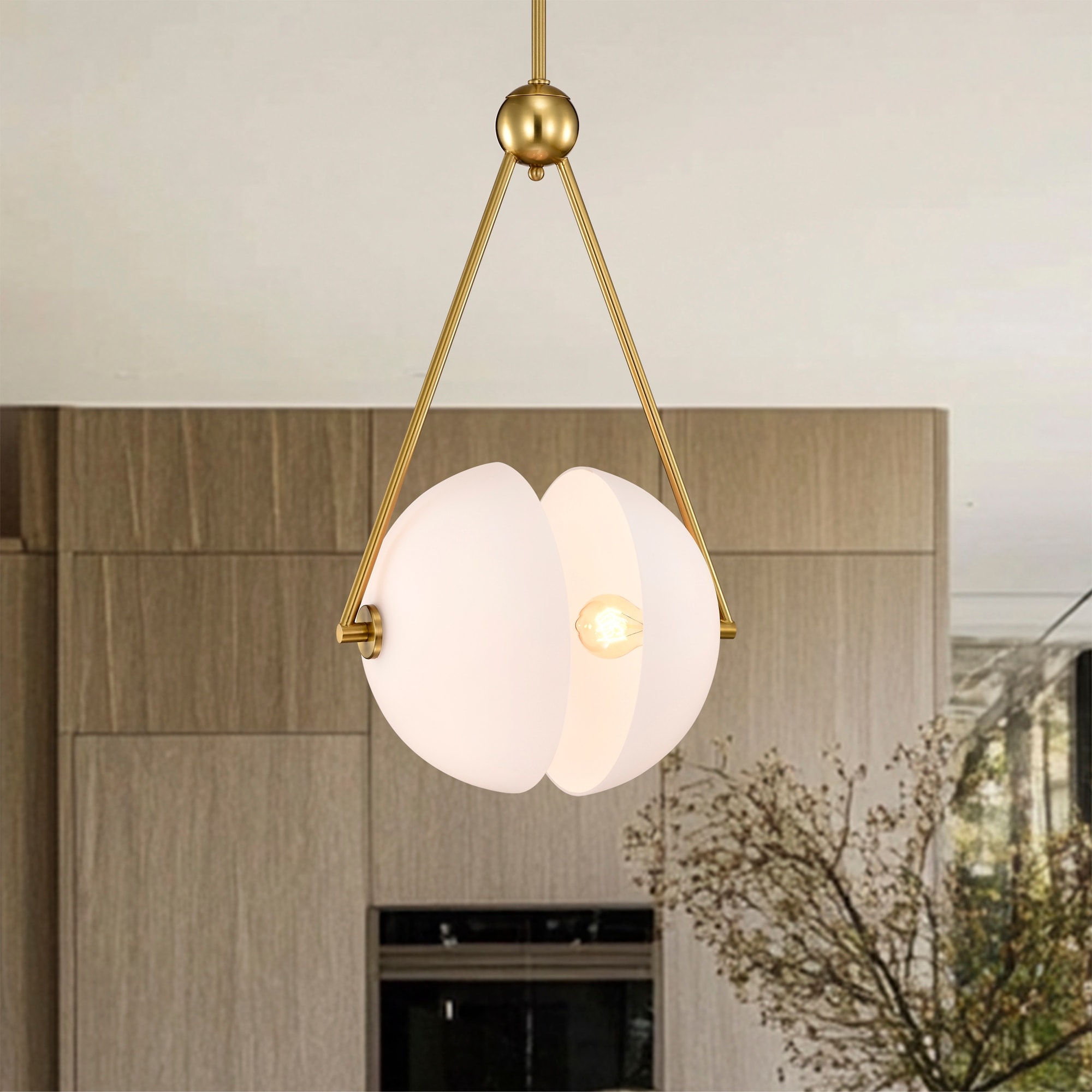 Warehouse of Tiffany Gethra Split Sphere Brass and Frosted Glass Pendant Ceiling Lamp 2-Light Down Rod