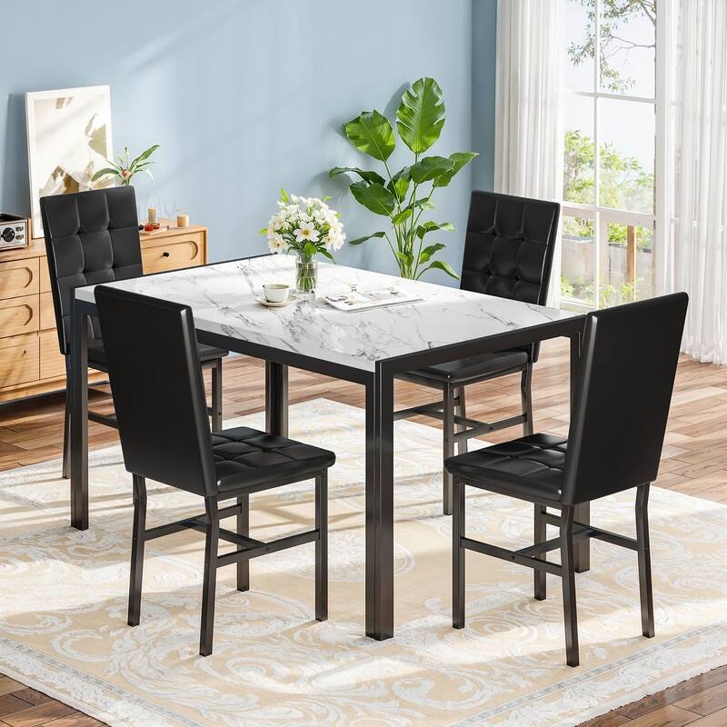 Grondin Faux Marble Kitchen Table And Chairs Set for 4, Modern Dining Room Table With 4 Armless Upholstered Dining Chairs