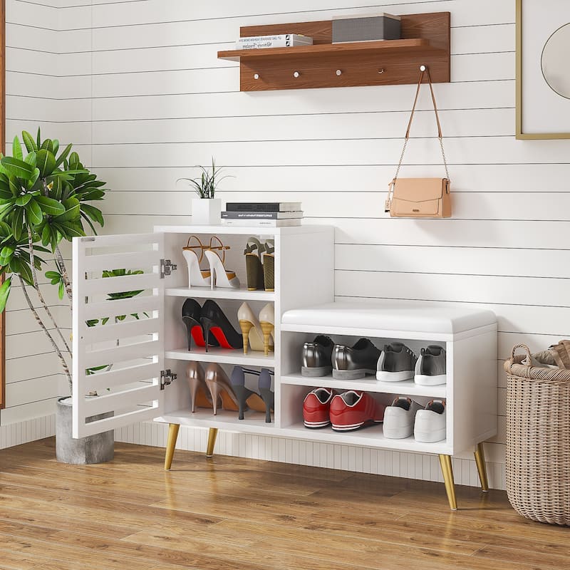 VECELO L-Shaped Entryway Bench with Cushion Shoe Storage Bench with Louvered Door & Open Shelves Hallway Seat Organizer