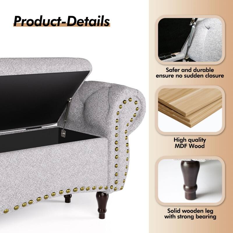 53" Length Upholstered Bench, Ottoman with Safety Hinge and Rolled Arm