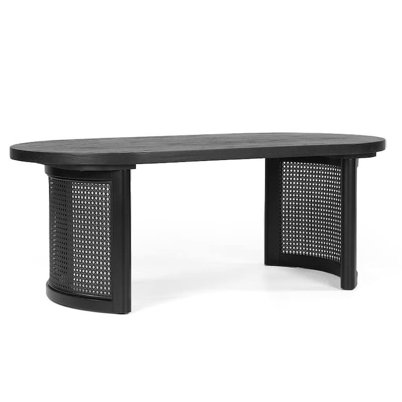 48" Oval Solid Oak Rattan Coffee Table