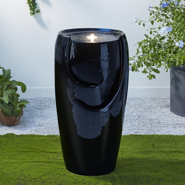 slide 2 of 33, Glitzhome Oversized LED Lighted Ceramic Pot Floor Fountains for Outdoor Garden 30"H - Black