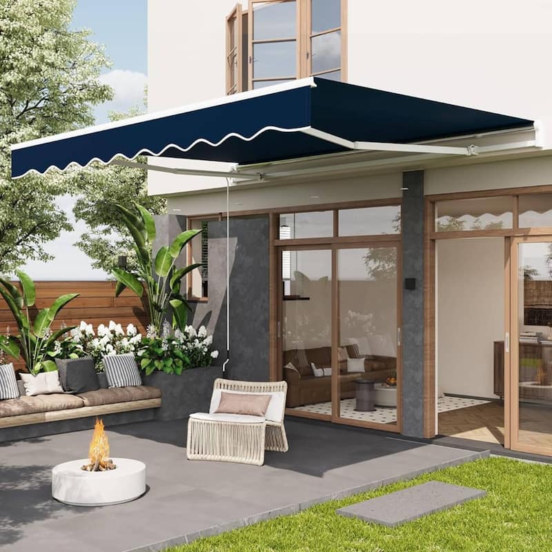 13'x10' Retractable Waterproof Patio Awning, Sun Shade Awning with Manual Crank Handle - N/A - Blue