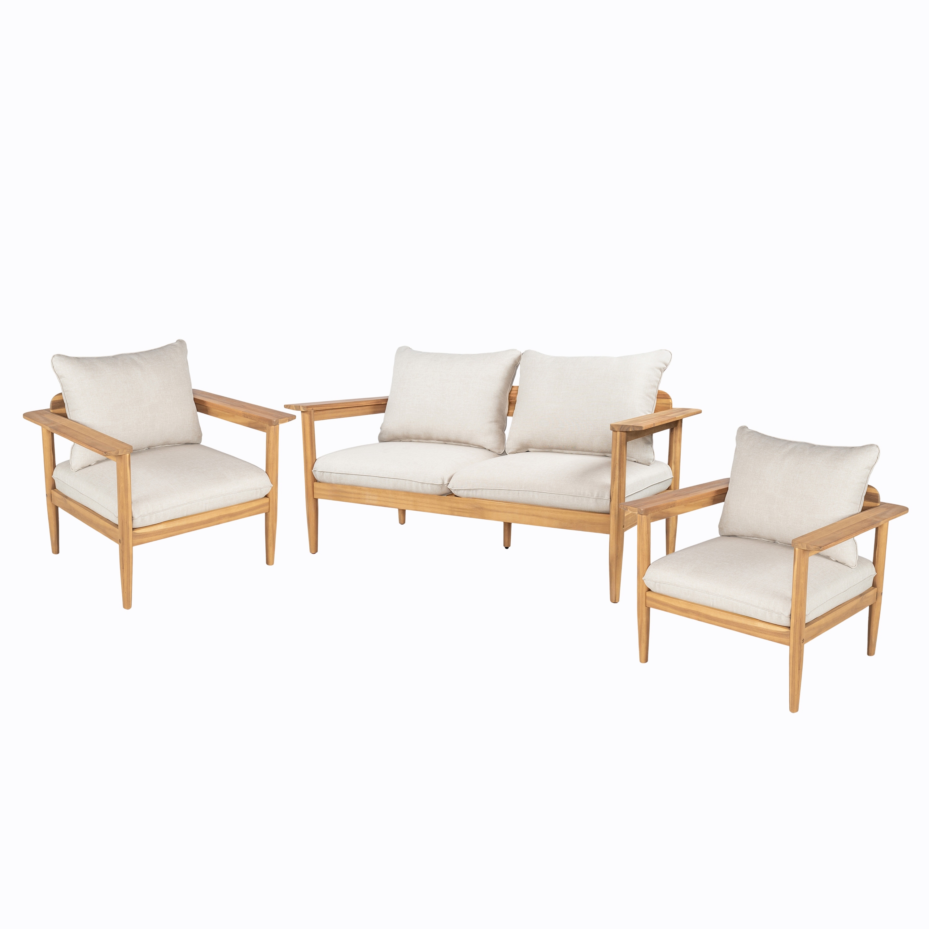 Roomfitters Terassi Outdoor Chat Set 3 Piece Solid Acacia Wood Wide Armrest Seating, Light Teak Beige