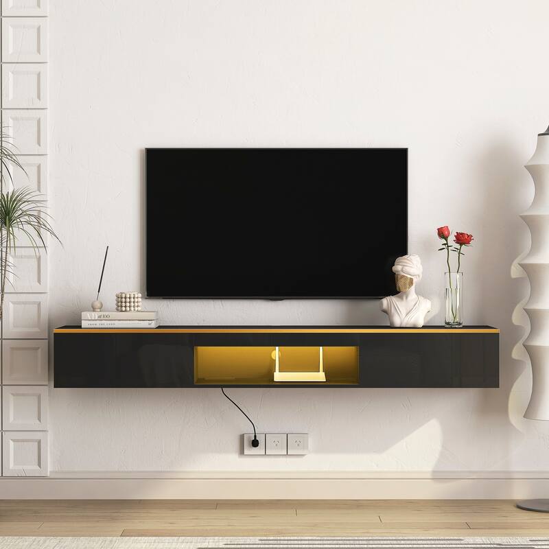 Floating TV Stand Wall Mounted with 16 Color LEDs & Cable Management, 69" Modern TV Cabinet Entertainment Center with Storage