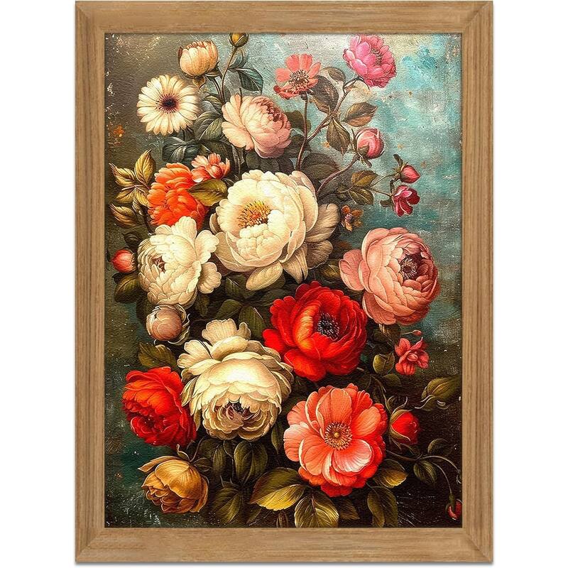 3D Textured Antique Colorful Flowers Oil - Hand Drawn Painting - 12 x 16