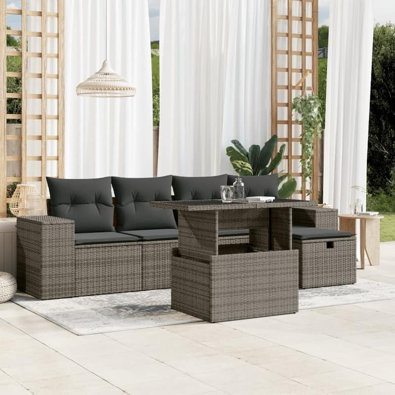 vidaXL Patio Sofa Set with Cushions Outdoor Furniture 6 Piece Poly Rattan - Grey - 21.7 x 39.4 x 28.7 in