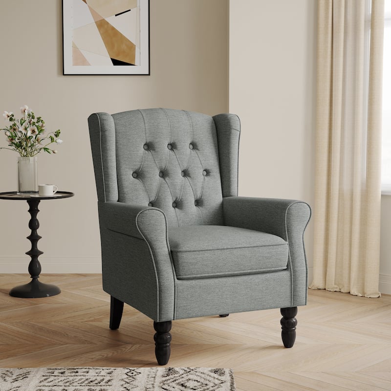Button-Tufted Accent Club Chair Wingback Armchair Set of 2 - Grey-Single - Linen