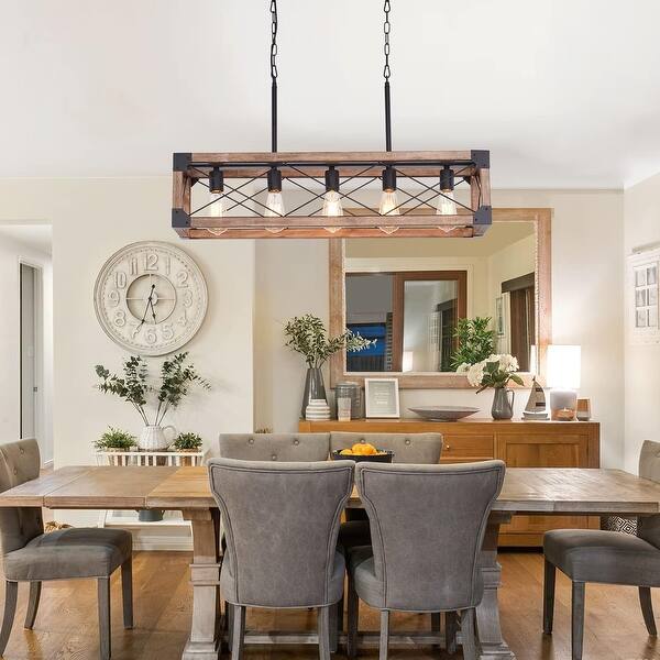 5-Light Farmhouse Linear Chandelier - Wood & Metal, Adjustable Height, For Kitchen Island Or Dining Room