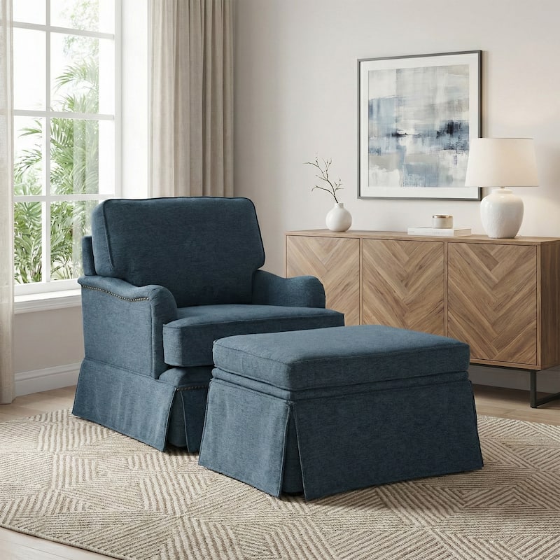 Chenille Swivel Accent Chair Storage Ottoman Set with Nailhead Trim Skirt - Navy
