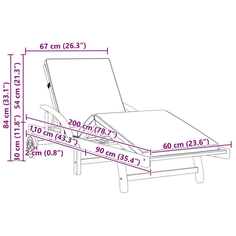 vidaXL Sun Loungers 2 pcs with Cushions and Wheels Red Solid Wood Acacia - 78.7 x 26.4 x 33.1