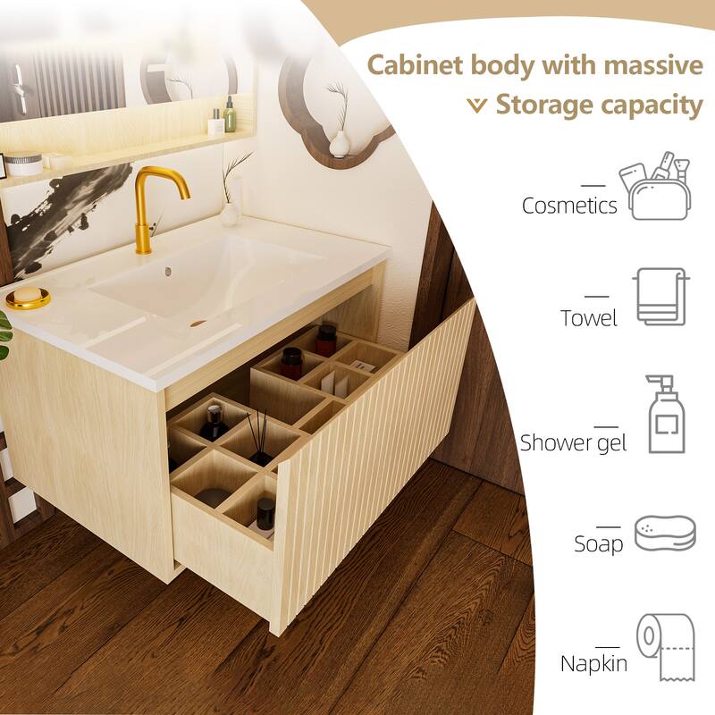 GDFStudio - Ari Modern Aesthetic Freestanding Bathroom Vanity with Ceramic Sink, Soft Close Drawers & Large Storage Spaces