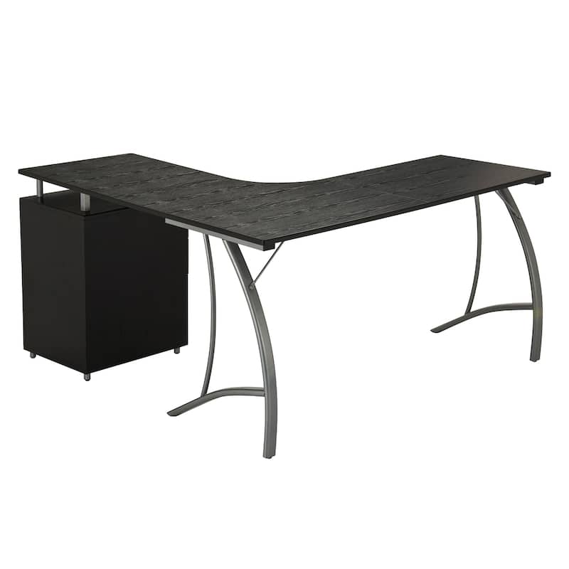 Contemporary L-Shaped Desk with Built-in Storage Cabinet, File Drawer, and Scratch-Resistant Steel Legs