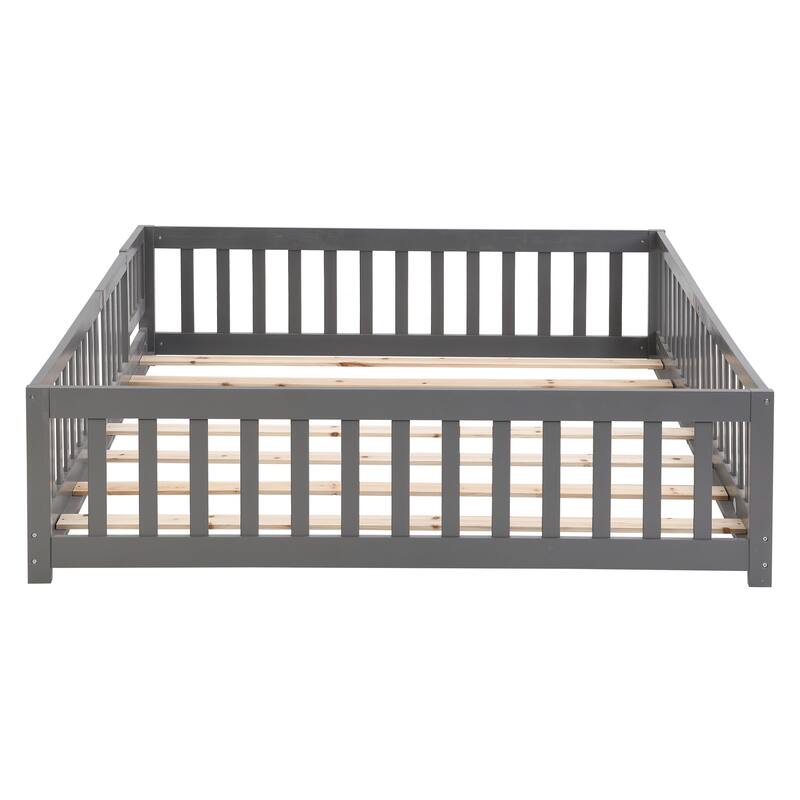Full Size Pine Wood Floor Bed with Safety Door and Guardrails, Low-Profile Design for Kids, Gray