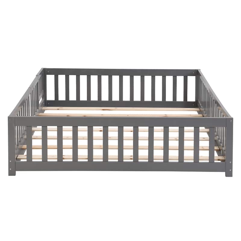 full Size Floor Bed with Door,Solid Wood Platform Bed Frame with Fence,Suitable for children,Pine Wood,Gray