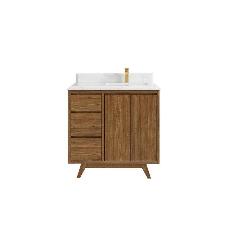 Willow Collections 36 in. W x 22 in. Madison Teak Single Right Offset Sink Bathroom Vanity with Countertop - 1.5"Empira - Gold Teak
