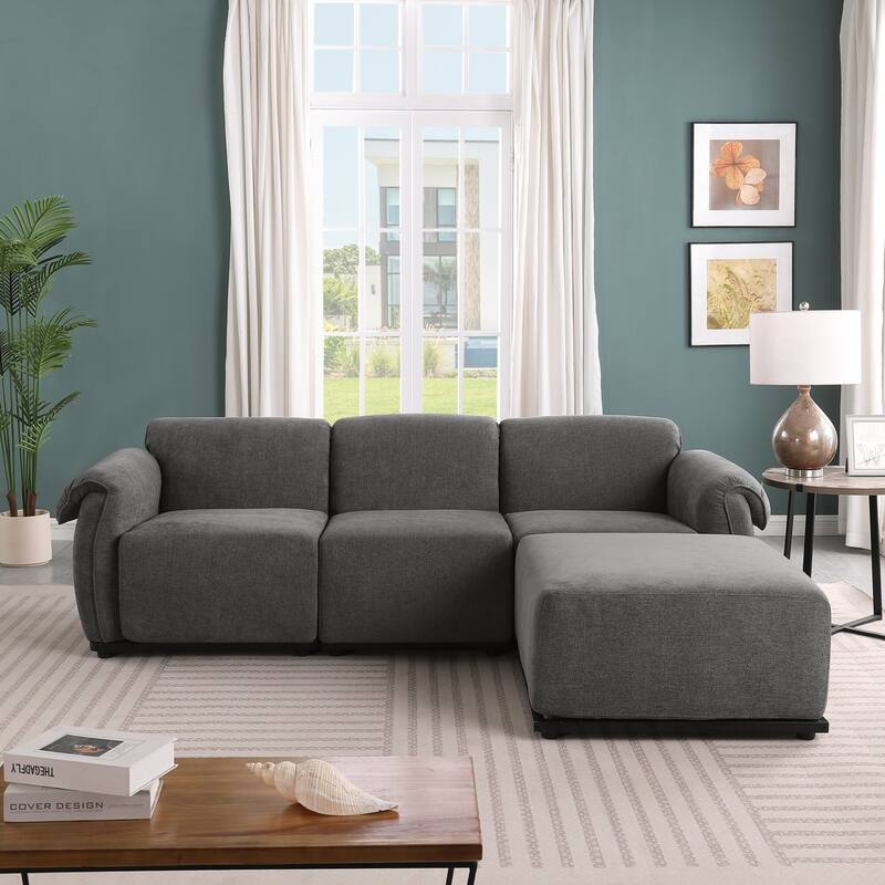 93" L-Shaped Modular Chenille Sectional Sofa with Movable Ottoman