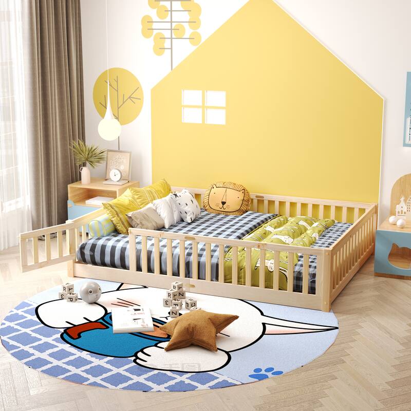 Floor Platform Bed with Fence Guardrails and Door