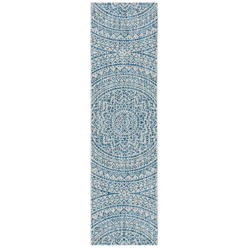 SAFAVIEH Courtyard Fran Mandala Indoor/ Outdoor Waterproof Patio Backyard Rug - 2'3" x 8' Runner - Light Grey/Blue