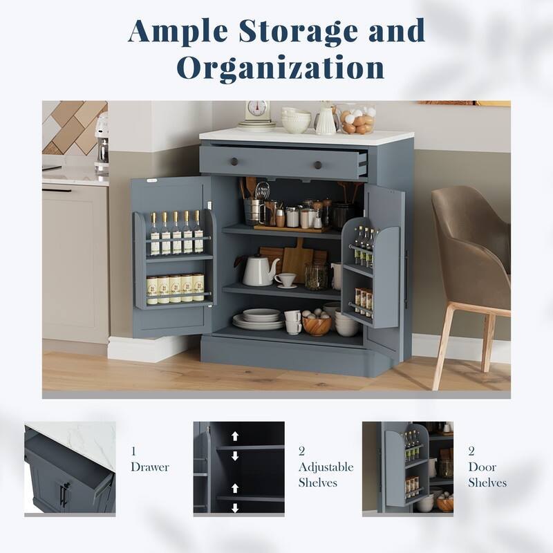 Modern Freestanding Kitchen Pantry,Buffet Food Storage, Coffee Bar Cabinet with Drawer, 2 Adjustable Shelves , Set of 2