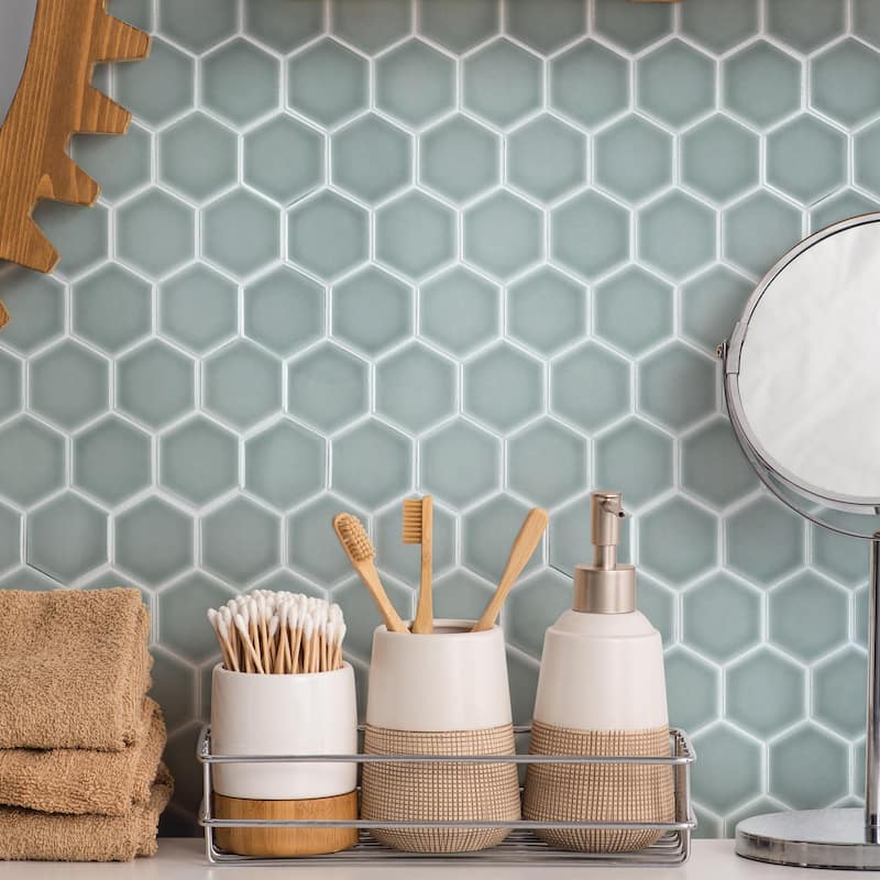 Merola Tile Tribeca 2" Hex Glossy Mist 11-1/8" x 12-5/8" Porcelain Mosaic Floor and Wall Tile