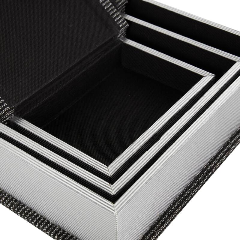 Linen Fabric Striped Faux Book Storage Box with White Accents - Set of 3 - Roche River Decor